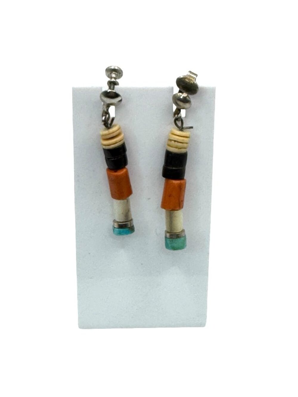 Sterling Silver Native Heishi Bead Screw-Back Clip On Earrings Coral Turquoise